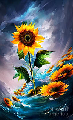 Sunflowers Paintings - Dramatic sunflowers artwork by Gaspar Avila