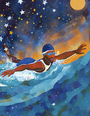 Athletes Digital Art - Dreamlike Illustration Of A Swimmer In The Waves At Night Under A Starry Sky by Ivan Savini