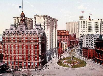 City Scenes Digital Art - Dreamy photochroms of New York City, 1900s - Bowling Green and lower Broadway by Celestial Images