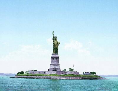 City Scenes Digital Art - Dreamy photochroms of New York City, 1900s - Statue of Liberty  with its original copper color still by Celestial Images