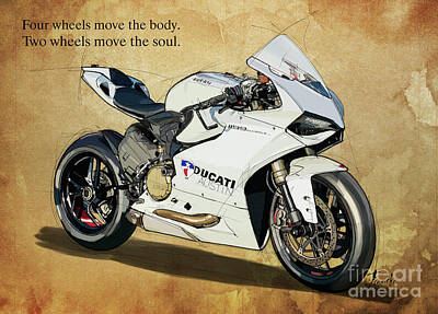 Cities Drawings - Ducati Panigale 1199 original handmade drawing and motorcycle quote by Drawspots Illustrations
