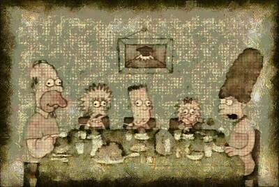 Comics Mixed Media - Early Simpsons at the Table by Mario Carini