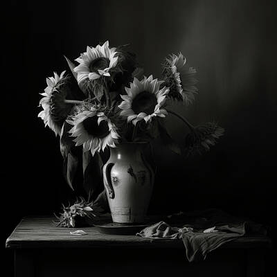 Sunflowers Digital Art - Early Sunflowers in Window Light and Vase by YoPedro