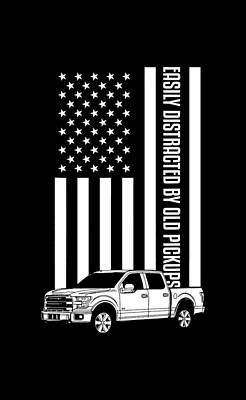 Landmarks Drawings - Easily Distracted By Old Pickup Trucks American Flag Vintage T-Shirt by Julien