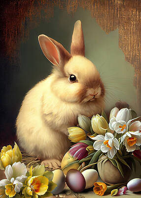 Lilies Digital Art - Easter Bunny with Eggs and Spring Flowers IV by Lily Malor