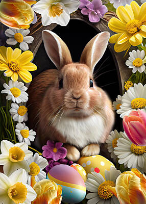 Lilies Digital Art - Easter Bunny with Eggs and Spring Flowers  V by Lily Malor