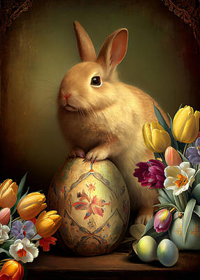 Lilies Digital Art - Easter Bunny with Eggs and Spring Flowers VI by Lily Malor