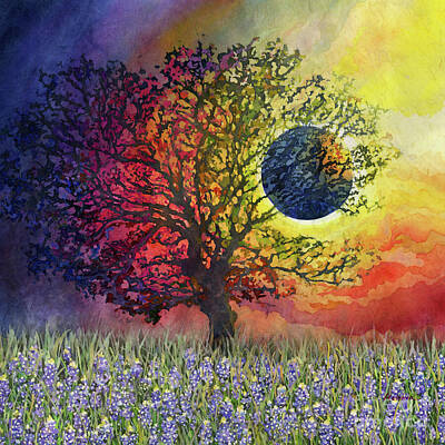 Paintings - Eclipse Over Bluebonnets - Total Eclipse by Hailey E Herrera