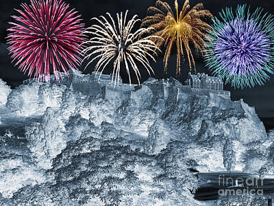 Global Design Shibori Inspired Rights Managed Images - Edinburgh Castle Fireworks Digital Artwork 017 Royalty-Free Image by Douglas Brown