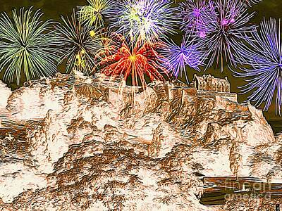 Airplane Paintings Royalty Free Images - Edinburgh Castle Fireworks Digital Painting 02 Royalty-Free Image by Douglas Brown