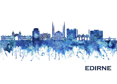 City Scenes Mixed Media - Edirne Turkey Skyline Blue by NextWay Art