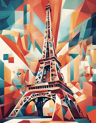 Paris Skyline Paintings - Eiffel Tower Cubist by CIKA Artist