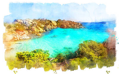 Modern Man Surf Royalty Free Images - Elba Island, Tuscany - Watercolor 01 Royalty-Free Image by AM FineArtPrints