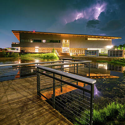 Garden Signs - Electric Night Over Lake Bentonville And Thaden Fieldhouse by Gregory Ballos