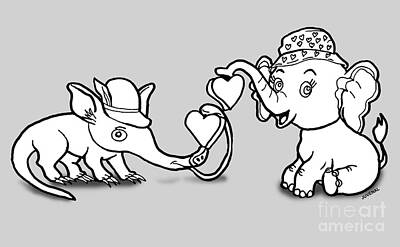 Animals Drawings - Elephant and Anteater Valentine bw by Joseph Juvenal