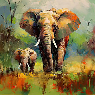 Animals Paintings - Elephant Mother and Calf by Lourry Legarde