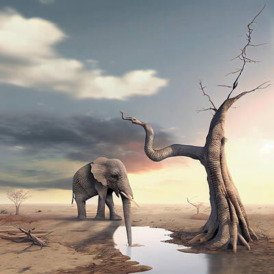 Animals Paintings - Elephant stands on thin branch of withered tree in su fe9c632b  e64556333  645043bd  9bcb  e657c6455 by Timeless Images Archive
