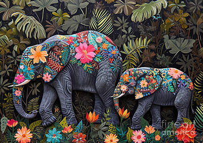 Florals Digital Art - Elephants adorned with floral patterns in an enchanted garden by Rhys Jacobson