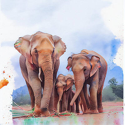 Animals Paintings - elephants  watercolor  by Asar Studios by Celestial Images