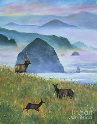 Landscapes Royalty-Free and Rights-Managed Images - Elk and Haystack Rock by Jeanette French