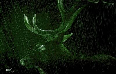 Black And White Line Drawings - Elk in rain C by Clifford Dube