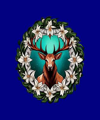 Lilies Digital Art - Elk Surrounded By A Wreath Of Sego Lily Tattoo Style Art by Taiche Acrylic Art