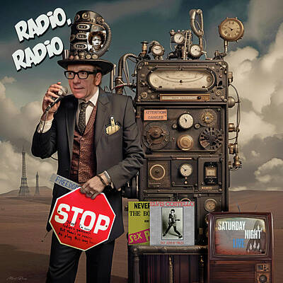 Musician Mixed Media Rights Managed Images - Elvis Costello Radio Radio Steampunk Royalty-Free Image by Mal Bray