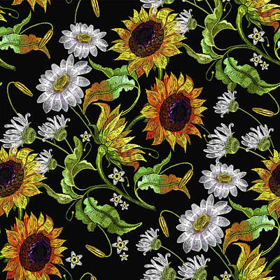 Sunflowers Mixed Media - Embroidery sunflower and white daisies camomile flowers by Julien