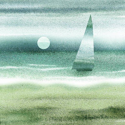 Royalty-Free and Rights-Managed Images - Emerald Blue Sailboat At The Ocean Shore Seascape Painting Beach House Watercolor I by Irina Sztukowski