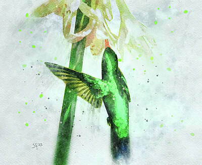 Lilies Mixed Media - Emerald Green Hummingbird Watercolor Wildlife Painting by Shelli Fitzpatrick