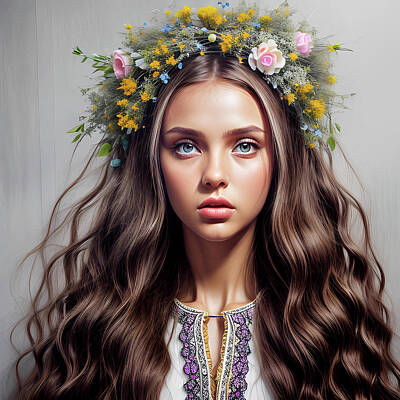 Floral Digital Art - Enchanted Bloom - Portrait of a Woman in Floral Wreath by Sergiy Skok