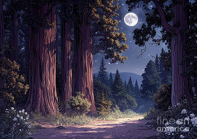 Mick Jagger Royalty Free Images - Enchanted Redwood Retreat Moonlit Nightfall Midnight Redwood trees in a mystical forest under the moonlight transitioning into the tranquil nightfall during the midnight hour Royalty-Free Image by Donato Williamson