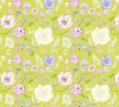 Florals Digital Art - Enchanting Floral Scatter Pattern in Pink, Beige, Blue on lemon green by Anjali Arora