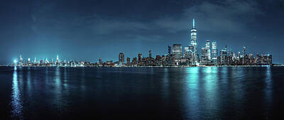 Patriotic Signs - Entire Manhattan Skyline in Moonlight by Val Black Russian Tourchin