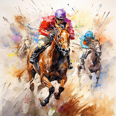 Animals Paintings - Equine Explosion - Horse Racers Art by Lourry Legarde