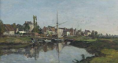 New Years - Eugene Boudin 1824 1898   Village in Normandy on the Riverbank 1858 62 by Artistic Rifki