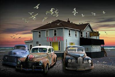 Randall Nyhof Royalty-Free and Rights-Managed Images - Evening at the Neighborhood Tavern on the Shore by Randall Nyhof
