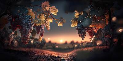 Wine Digital Art Royalty Free Images -  Evening at the Vineyard Royalty-Free Image by HusbandWifeArtCo