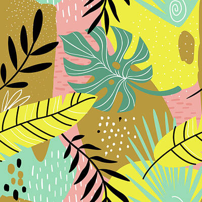 Food And Beverage Drawings - Exotic collage. seamless pattern with tropical plants leafs and paint strokes.  by Julien