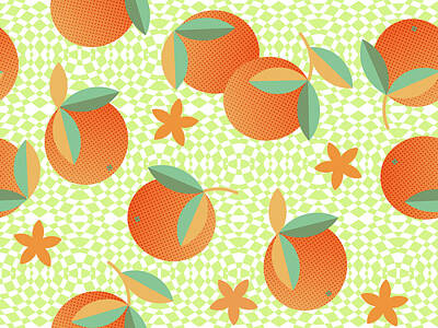 Food And Beverage Drawings - Exotic orange fruit seamless pattern. Tropical citrus fruits abstract background.  by Julien