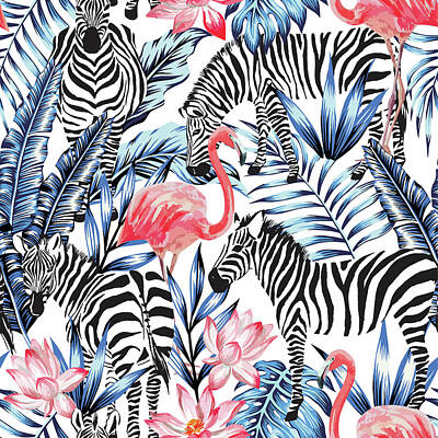Birds Drawings Rights Managed Images - Exotic pink flamingo zebra and tropical leaves pattern Royalty-Free Image by Julien