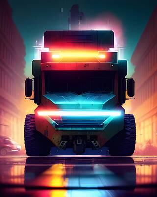 Science Fiction Mixed Media - Experience the Thrill of the Future with a Hyperrealistic Cyberpunk Cybertruck by Artvizual Premium
