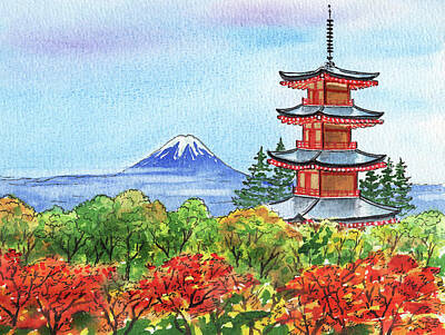 Mountain Paintings - Fall In Japan Mountain Fuji And Chureito Pagoda Painting  by Irina Sztukowski