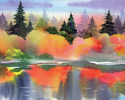 Impressionism Royalty-Free and Rights-Managed Images - Fall Landscape Bright Colorful Trees Watercolor Impressionism III by Irina Sztukowski