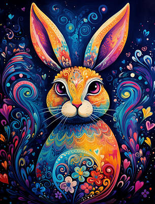 Fantasy Royalty-Free and Rights-Managed Images - Fantasy Hare Vividly Colored Rabbit Amid Whimsical Patterns by EML CircusValley