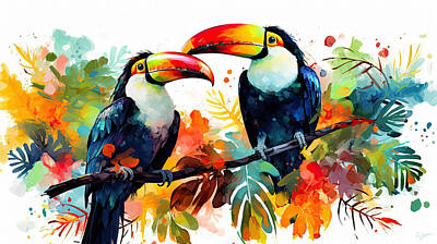 Birds Paintings - Feathered Fireworks - Vibrant Toucans Dance Through Tropical Light by Lourry Legarde