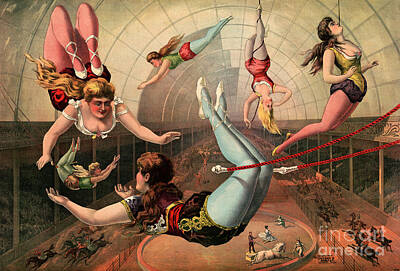 City Scenes Drawings - Female Acrobats on Trapezes at Circus by Sad Hill - Bizarre Los Angeles Archive