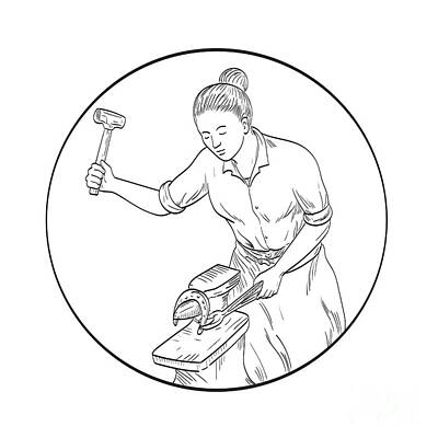 Comics Royalty-Free and Rights-Managed Images - Female Blacksmith Farrier Working on Horseshoe Anvil Front View Comics Style Drawing by Aloysius Patrimonio