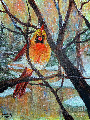 Beastie Boys - Female Cardinal keeping warm in a snowstorm by Bonnie Marie