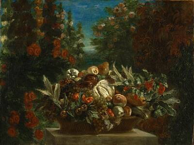 Sarah Yeoman Crow Paintings - Ferdinand Victor Eugene Delacroix, French, 1798 1863  Still Life with Flowers and Fruit by Arpina Shop